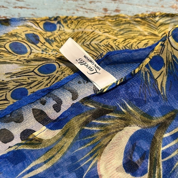 Vintage Lavello Chiffon Cowl Scarf Peacock Feather motif Infinity style - Picture 2 of 4